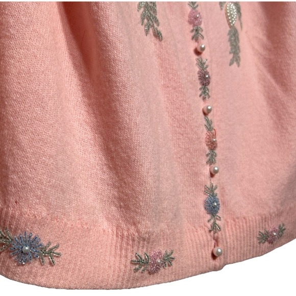 VTG 50's Floral Beaded Cardigan Sweater Pink Faux Pearl UK Sz 40 (10-12 US) EUC - Picture 7 of 12